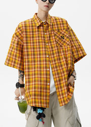 Art Yellow Plaid Button Oversized Cotton Mens Shirts Summer