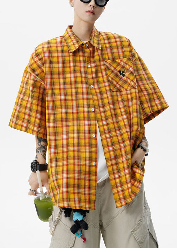 Art Yellow Plaid Button Oversized Cotton Mens Shirts Summer