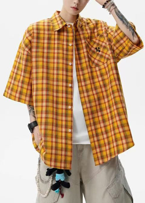Art Yellow Plaid Button Oversized Cotton Mens Shirts Summer