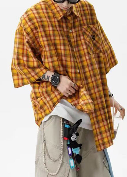 Art Yellow Plaid Button Oversized Cotton Mens Shirts Summer