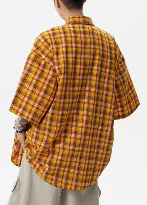 Art Yellow Plaid Button Oversized Cotton Mens Shirts Summer