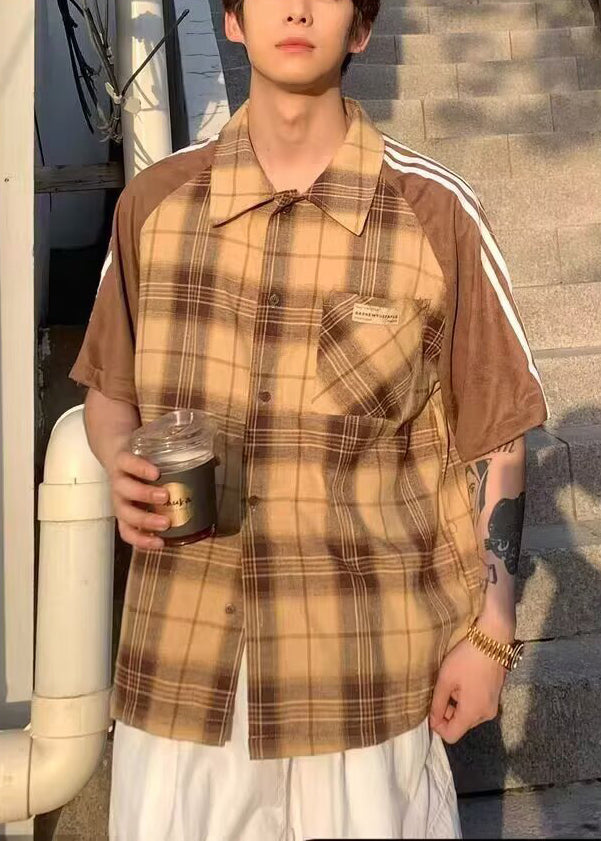 Art Yellow Plaid Patchwork Cotton Mens Shirt Half Sleeve