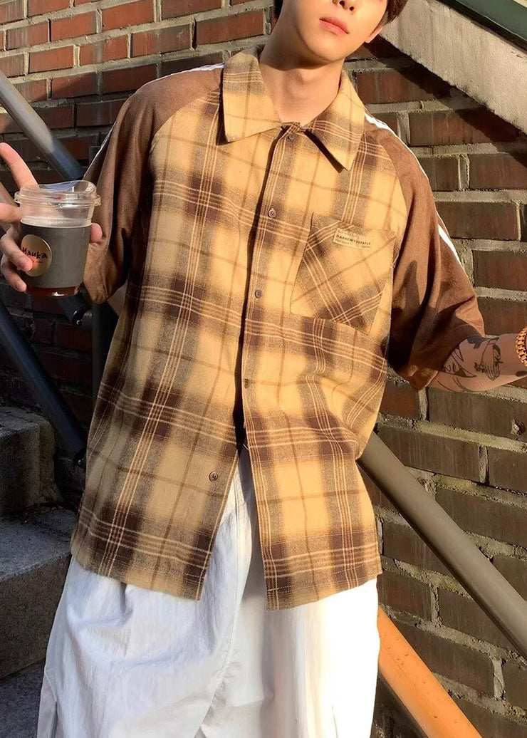 Art Yellow Plaid Patchwork Cotton Mens Shirt Half Sleeve