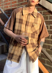 Art Yellow Plaid Patchwork Cotton Mens Shirt Half Sleeve