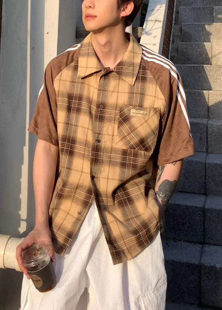 Art Yellow Plaid Patchwork Cotton Mens Shirt Half Sleeve