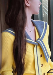 Art Yellow Sailor Collar Button Patchwork Knit Coat Winter