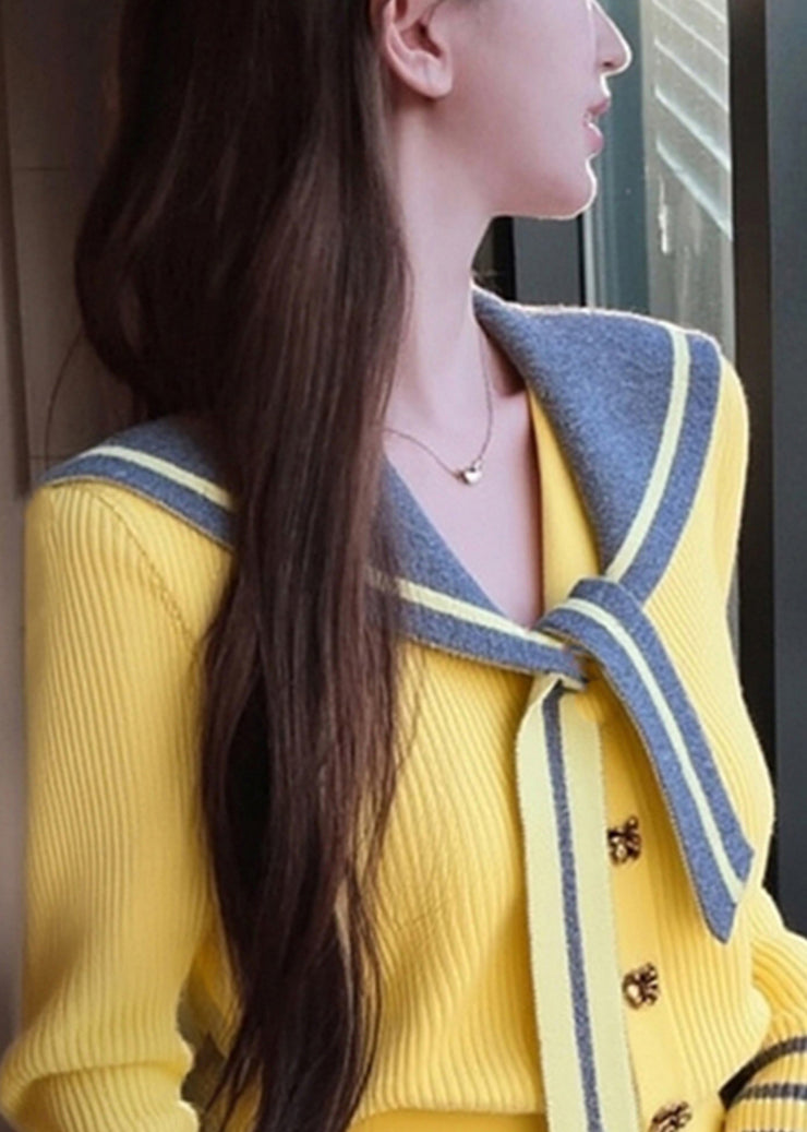 Art Yellow Sailor Collar Button Patchwork Knit Coat Winter