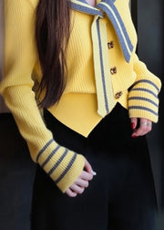 Art Yellow Sailor Collar Button Patchwork Knit Coat Winter