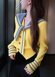 Art Yellow Sailor Collar Button Patchwork Knit Coat Winter