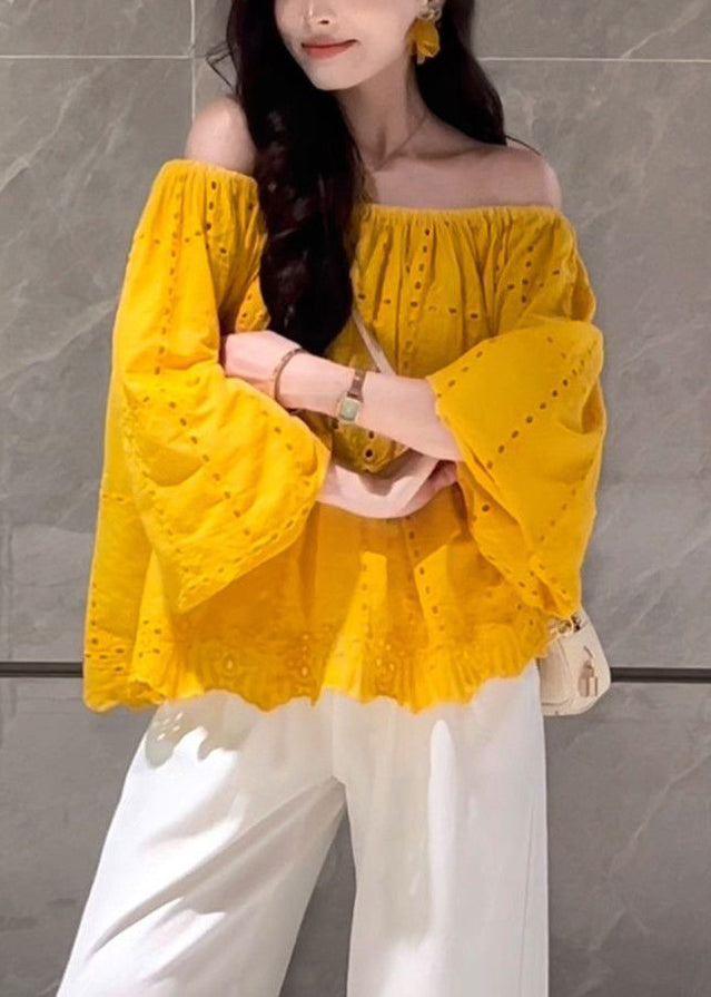 Art Yellow Slash Neck Hollow Out Cotton Shirt Fall