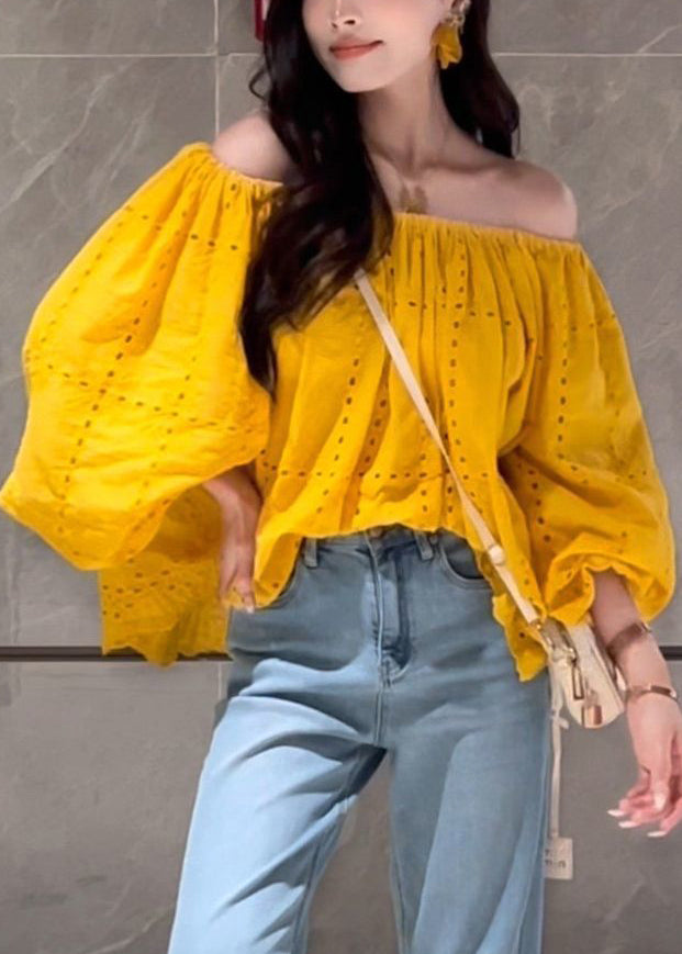 Art Yellow Slash Neck Hollow Out Cotton Shirt Fall