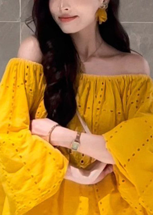 Art Yellow Slash Neck Hollow Out Cotton Shirt Fall