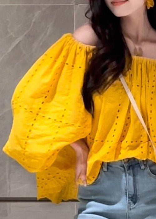 Art Yellow Slash Neck Hollow Out Cotton Shirt Fall