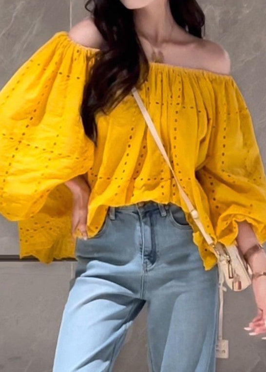 Art Yellow Slash Neck Hollow Out Cotton Shirt Fall