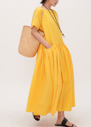 Art Yellow Square Collar With Pockets Cotton Holiday Dress Summer