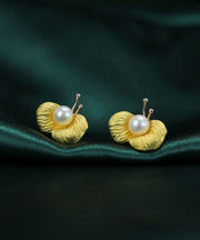 Art Yellow Sterling Silver Overgild Pearl Butterfly Stud Earrings