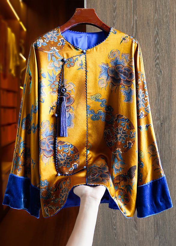 Art Yellow Tasseled Print Patchwork Silk Shirts Fall