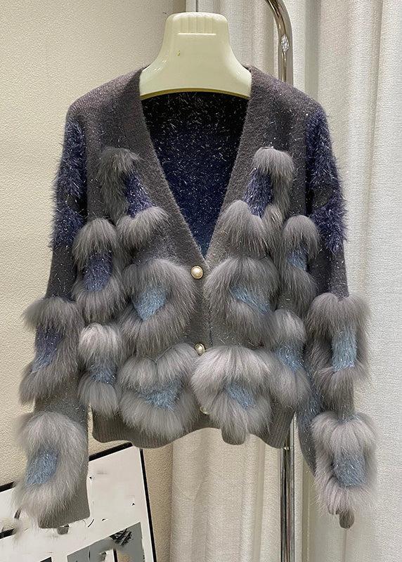 Art Yellow V Neck Patchwork Button Cotton Knit Cardigan Winter