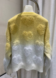 Art Yellow V Neck Patchwork Button Cotton Knit Cardigan Winter