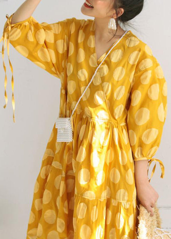 Art Yellow V Neck Print Lace Up Cotton Long Dresses Bracelet Sleeve