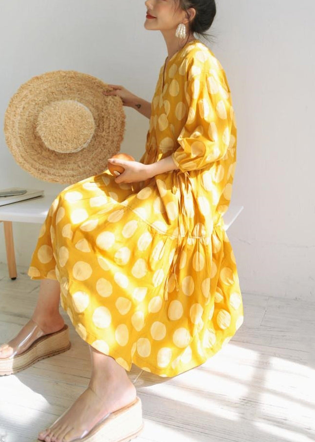 Art Yellow V Neck Print Lace Up Cotton Long Dresses Bracelet Sleeve
