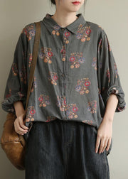 Art black flower tunic pattern lapel baggy fall top