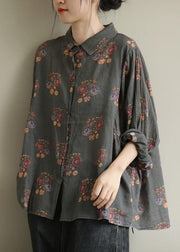 Art black flower tunic pattern lapel baggy fall top