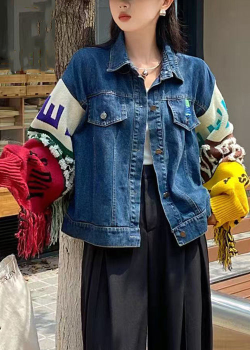 Artistic Blue Tasseled Knit Sleeves Patchwork Denim Coats