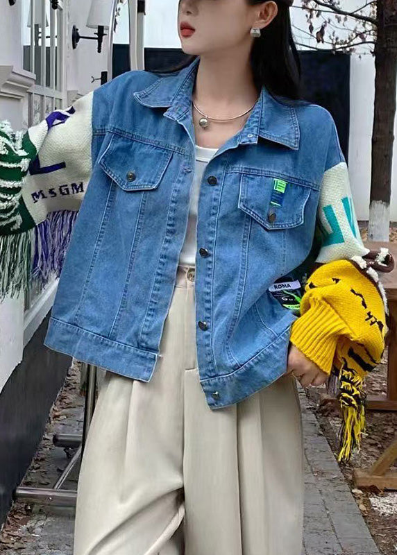 Artistic Blue Tasseled Knit Sleeves Patchwork Denim Coats