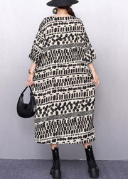 Artistic Patterned Print Pockets Cotton Long Dress Half Sleeve