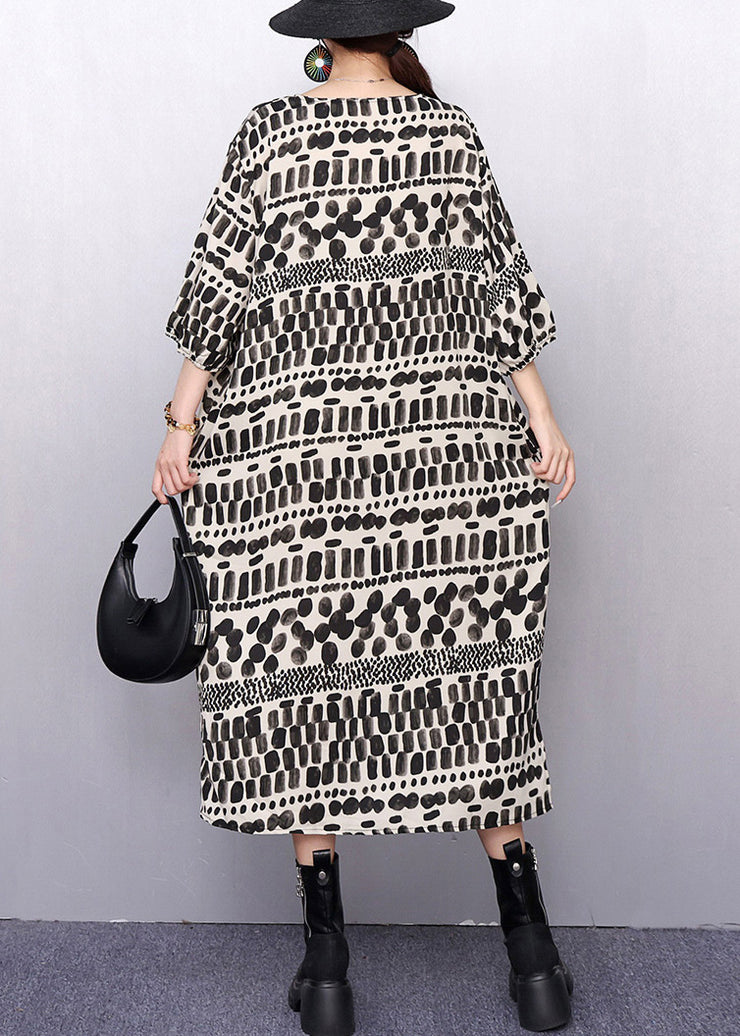 Artistic Patterned Print Pockets Cotton Long Dress Half Sleeve