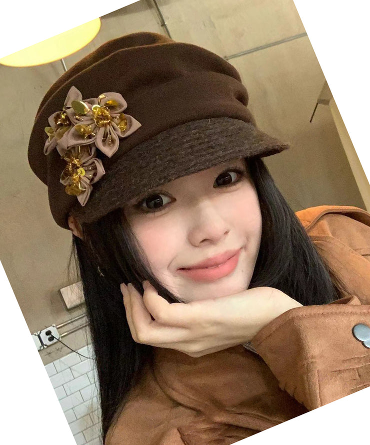 Autumn And Winter Versatile Coffee Pleated Flower Hat