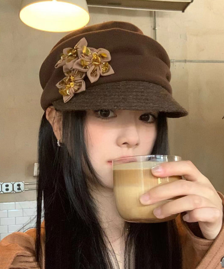 Autumn And Winter Versatile Coffee Pleated Flower Hat