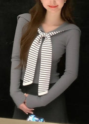 Autumn French Grey Slim Fit Sailor Collar Knitted Top