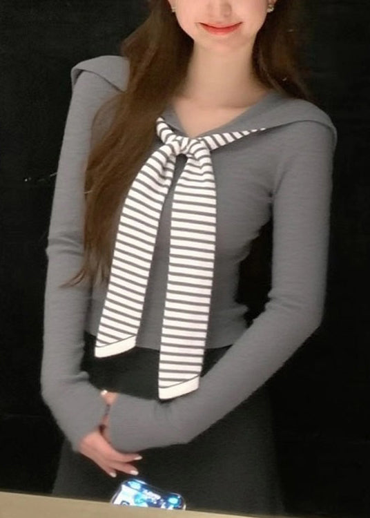 Autumn French Grey Slim Fit Sailor Collar Knitted Top