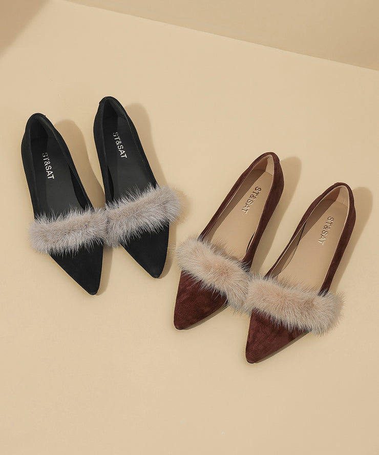 Autumn New Black Fuzzy Fur Splicing Pointed Comfortable Flat Shoes