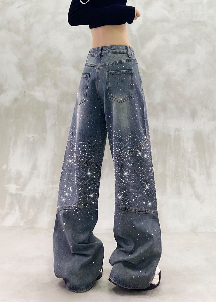 Autumn New High Waisted Zircon Denim Straight Leg Pants