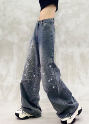 Autumn New High Waisted Zircon Denim Straight Leg Pants