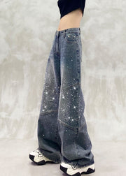 Autumn New High Waisted Zircon Denim Straight Leg Pants
