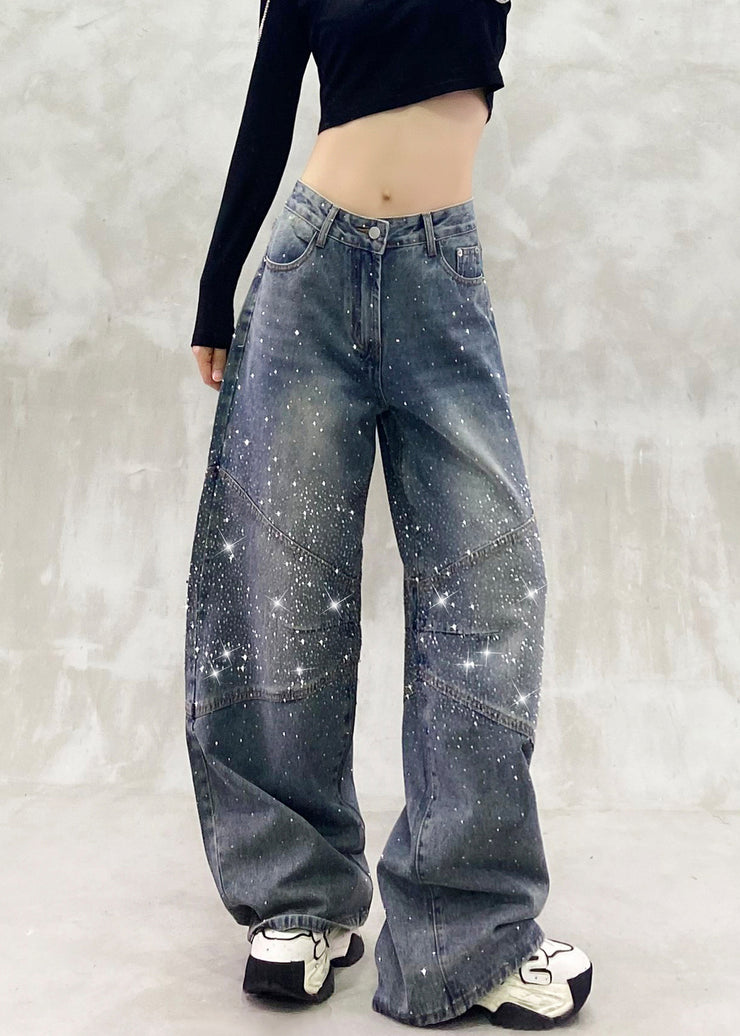 Autumn New High Waisted Zircon Denim Straight Leg Pants