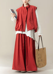Autumn New Red Stand Collar Vest Asymmetrical T-Shirt Wide Leg Pants Set