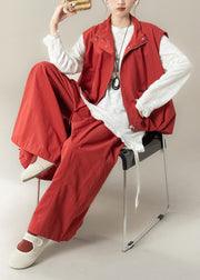 Autumn New Red Stand Collar Vest Asymmetrical T-Shirt Wide Leg Pants Set