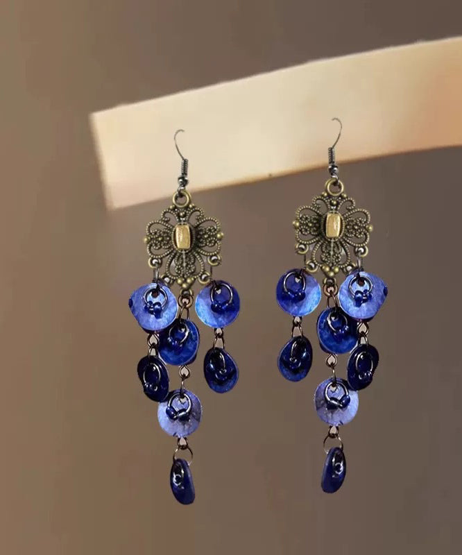 Beach Blue Sterling Silver Shell Hollow Out Tassel Drop Earrings