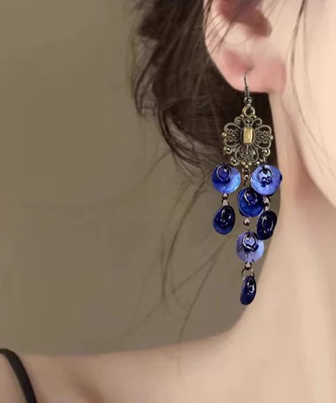 Beach Blue Sterling Silver Shell Hollow Out Tassel Drop Earrings
