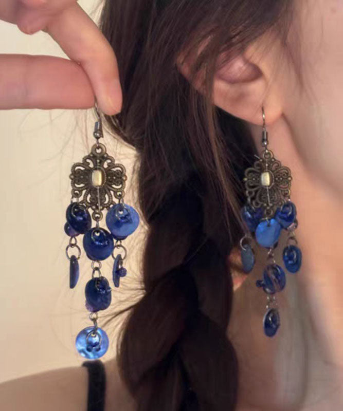 Beach Blue Sterling Silver Shell Hollow Out Tassel Drop Earrings