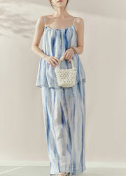 Beach Blue Tie Dye Cotton Vest And Wide Leg Pants Two Pieces Set Summer
