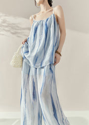 Beach Blue Tie Dye Cotton Vest And Wide Leg Pants Two Pieces Set Summer