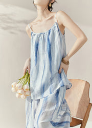 Beach Blue Tie Dye Cotton Vest And Wide Leg Pants Two Pieces Set Summer