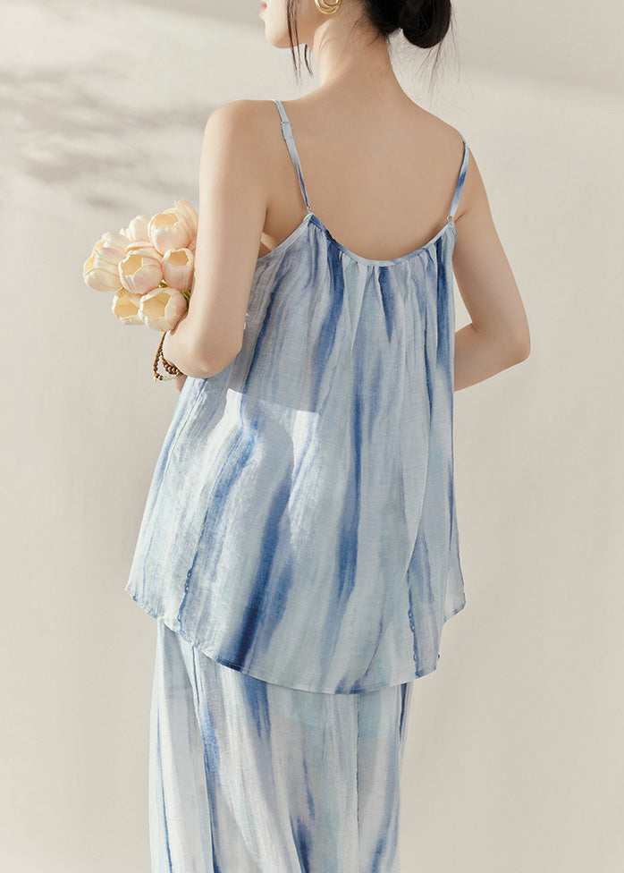 Beach Blue Tie Dye Cotton Vest And Wide Leg Pants Two Pieces Set Summer