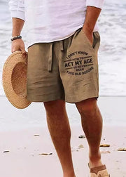 Beach Khaki Print Pockets Elastic Waist Cotton Men Shorts Summer